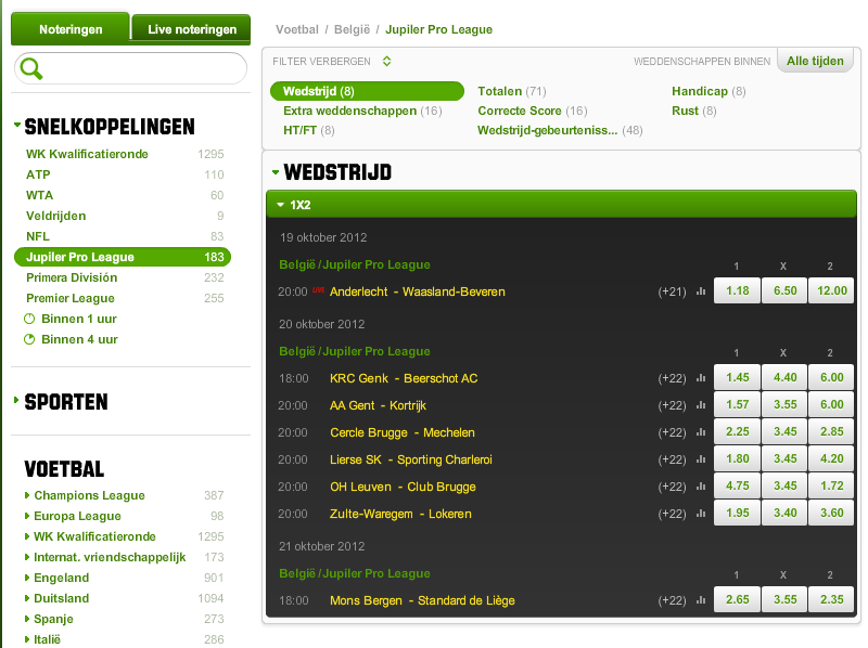 Jupiler Pro League noteringen bij Unibet